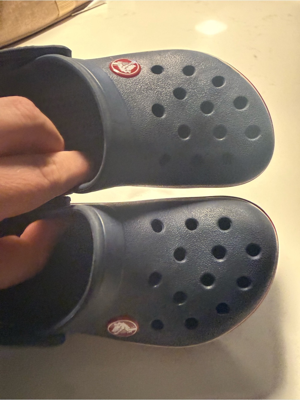 CROCS Navy Blue Clogs with White and Red Accents size c10